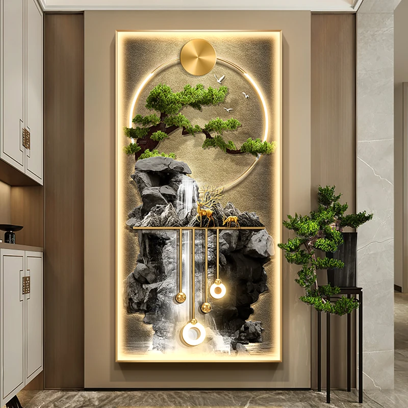 Illuminated waterfall wall art in contemporary room