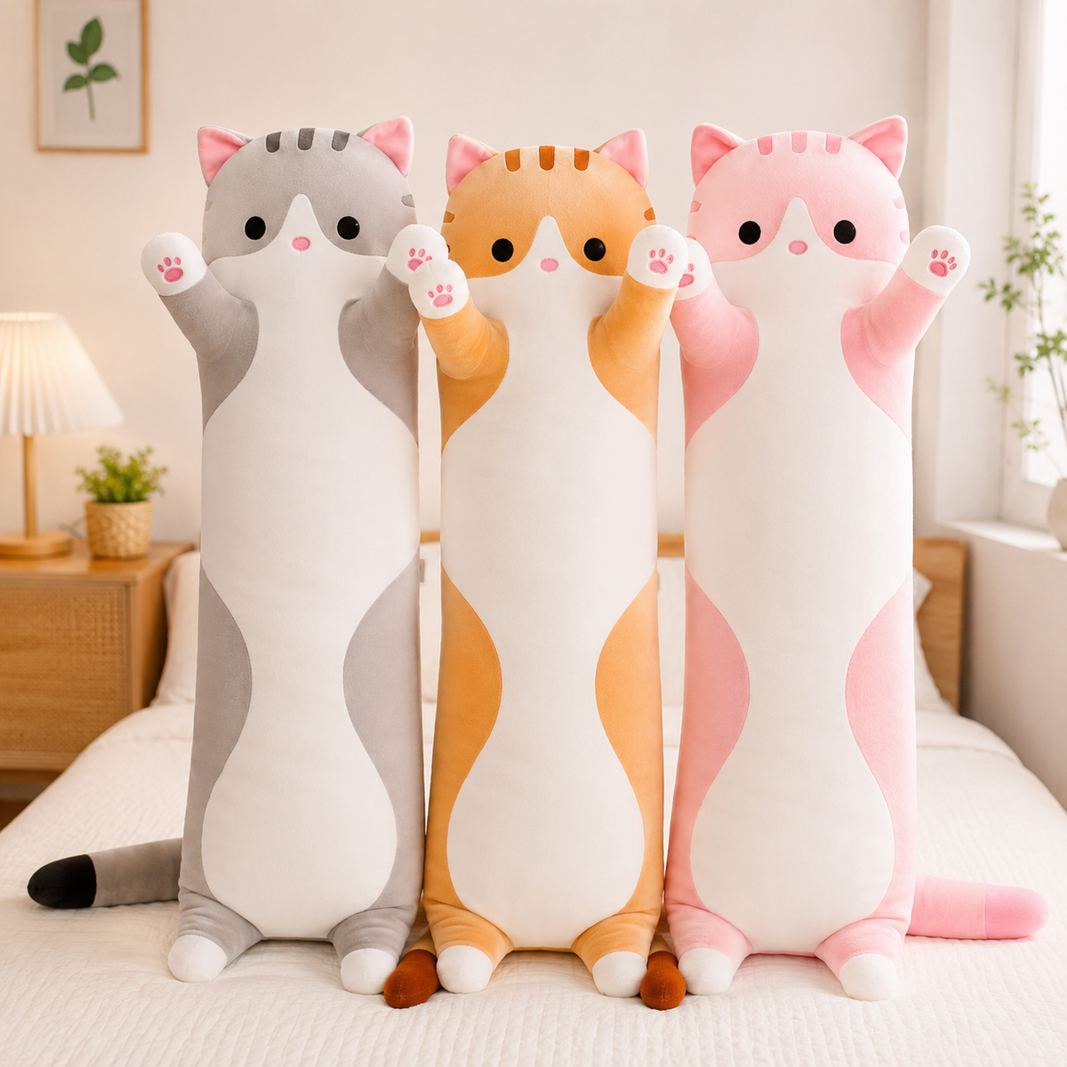 Long cat body pillows in orange grey and pink