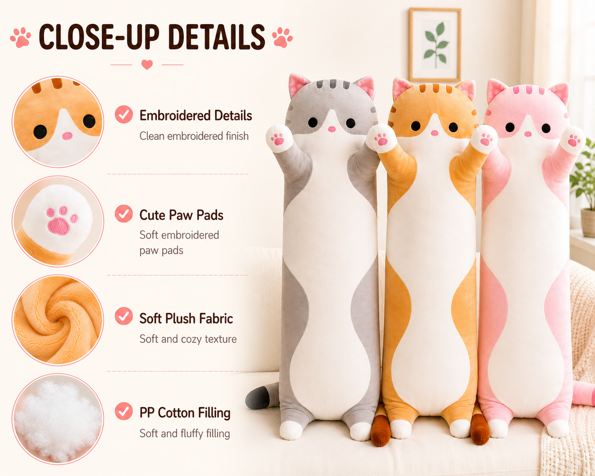 Long cat body pillow close-up embroidered details paw pads plush fabric and filling