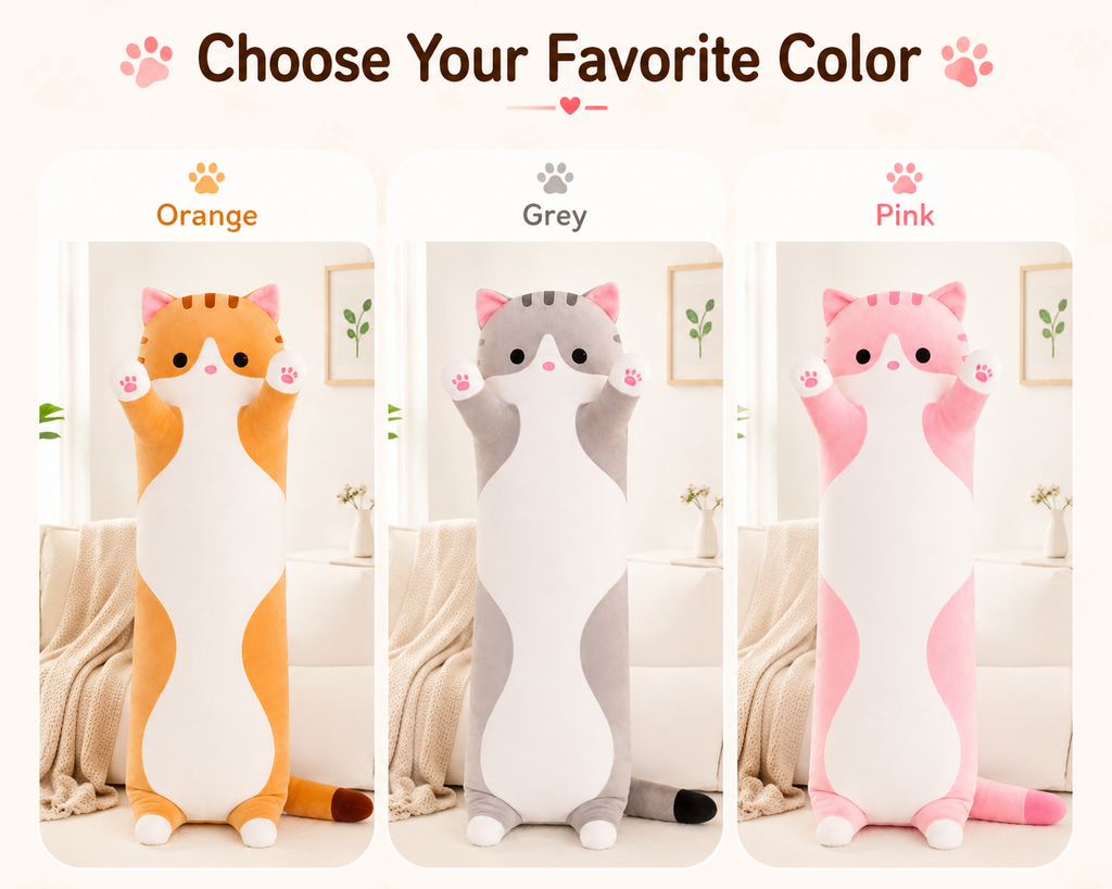 Long cat body pillow color options orange grey and pink
