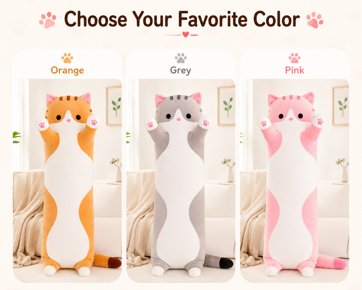 Long cat body pillow color options orange grey and pink