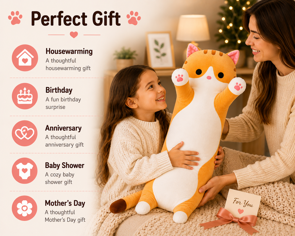 Long cat body pillow gift idea for housewarming birthday anniversary baby shower and Mother's Day