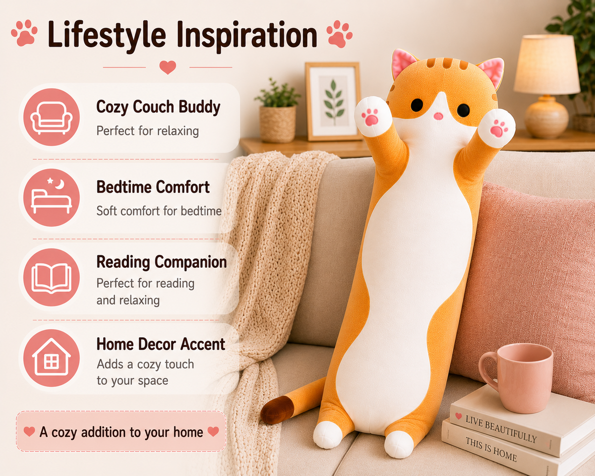 Long cat body pillow lifestyle inspiration for couch bedtime reading and decor