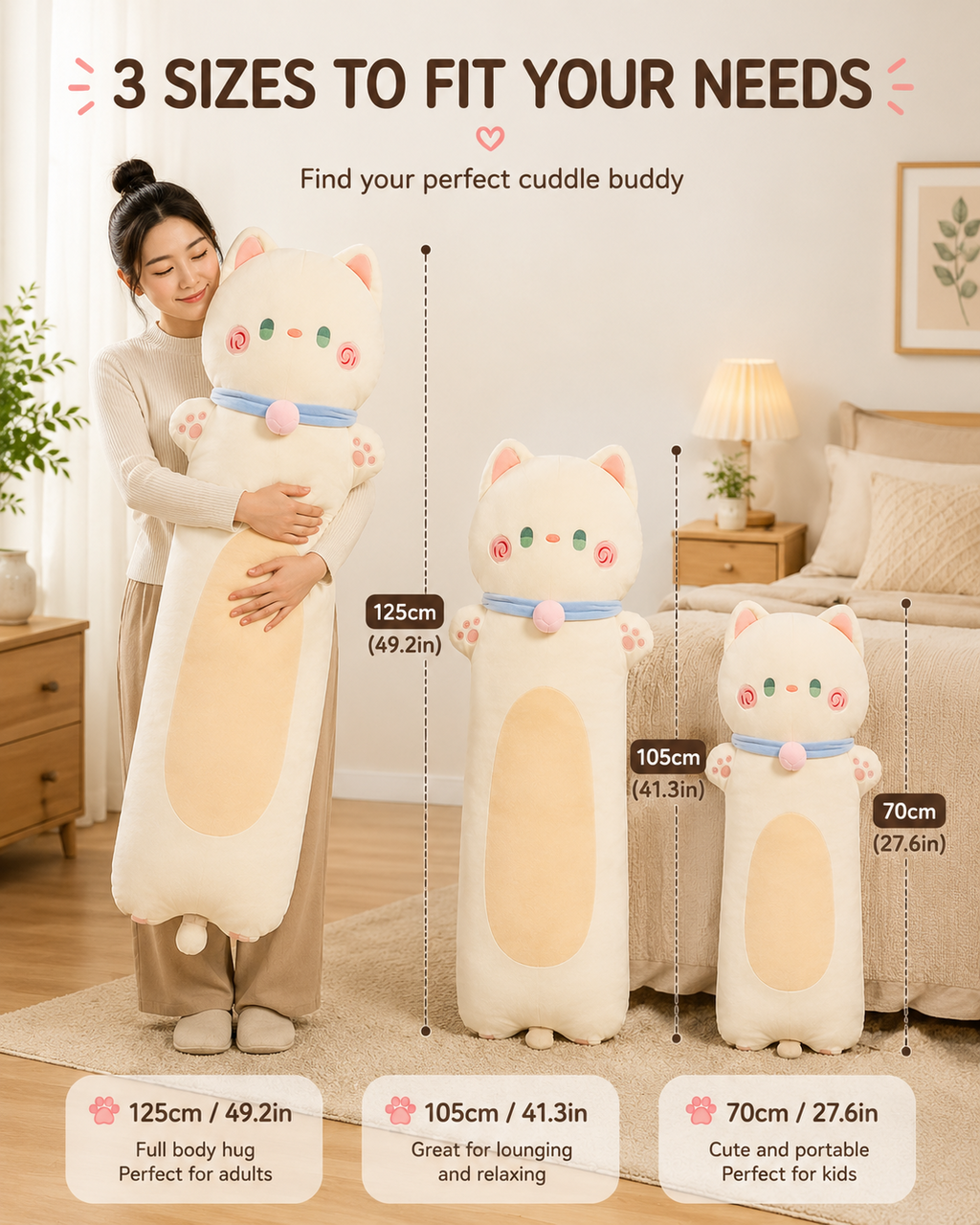 Long cat plush pillow available sizes 70 105 and 125 cm