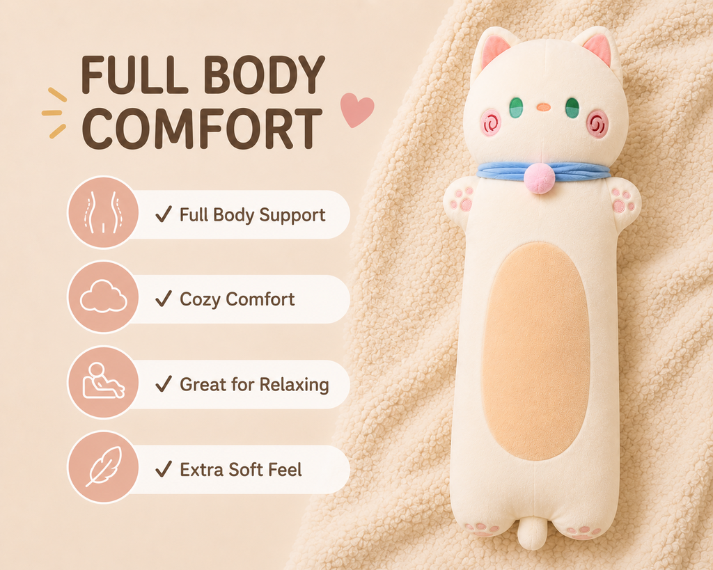 Long cat plush body pillow for cuddling and relaxing