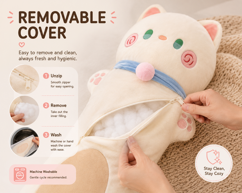 Long cat plush pillow removable cover detail