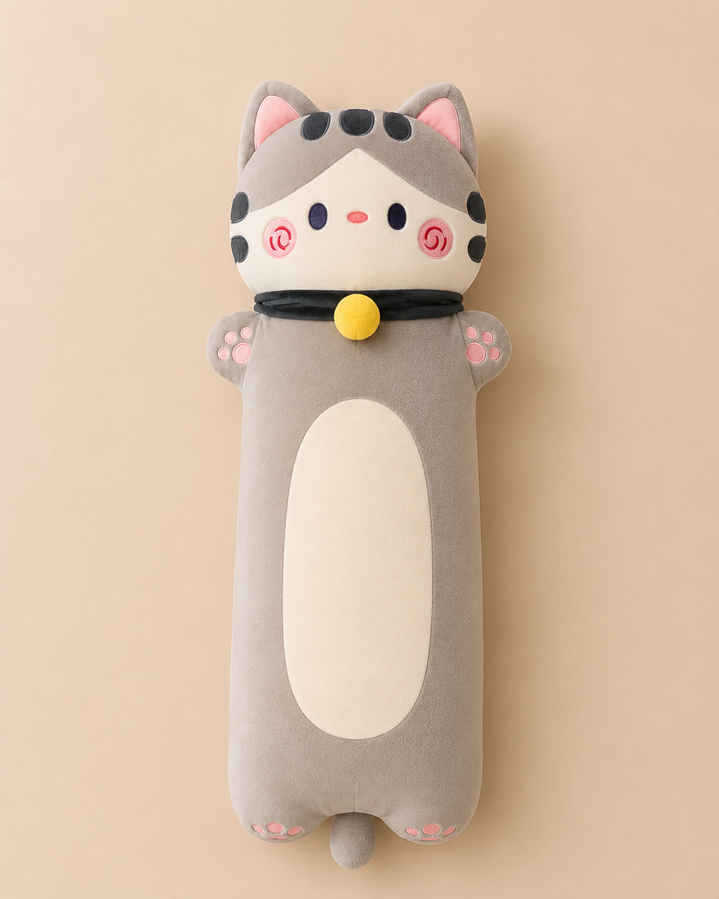 Long cat plush body pillow style C with black ribbon