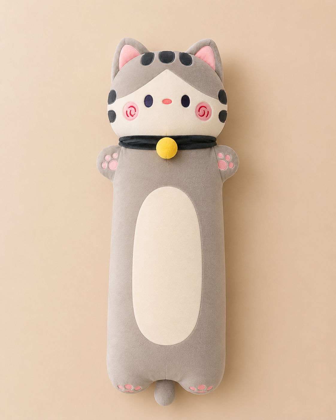 Long cat plush body pillow style C with black ribbon