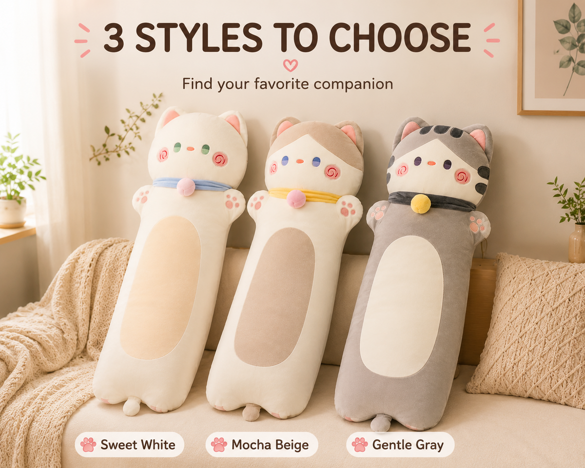 Three long cat plush pillow styles A B and C