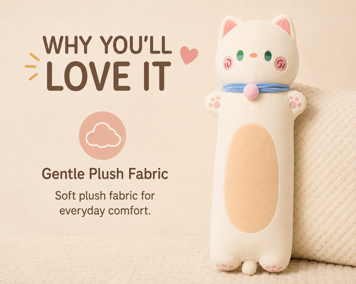 Long cat plush pillow features and soft plush fabric