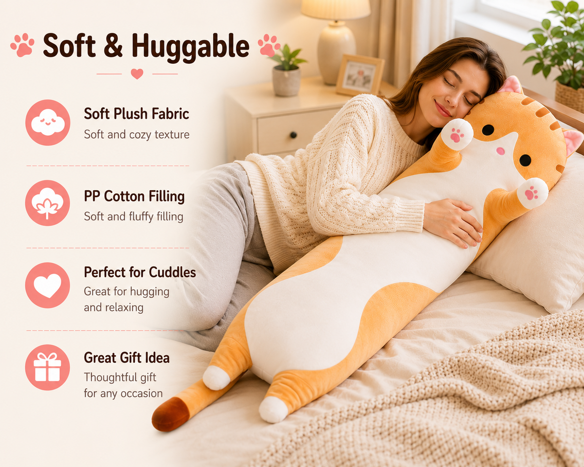 Long cat body pillow soft plush fabric and PP cotton filling