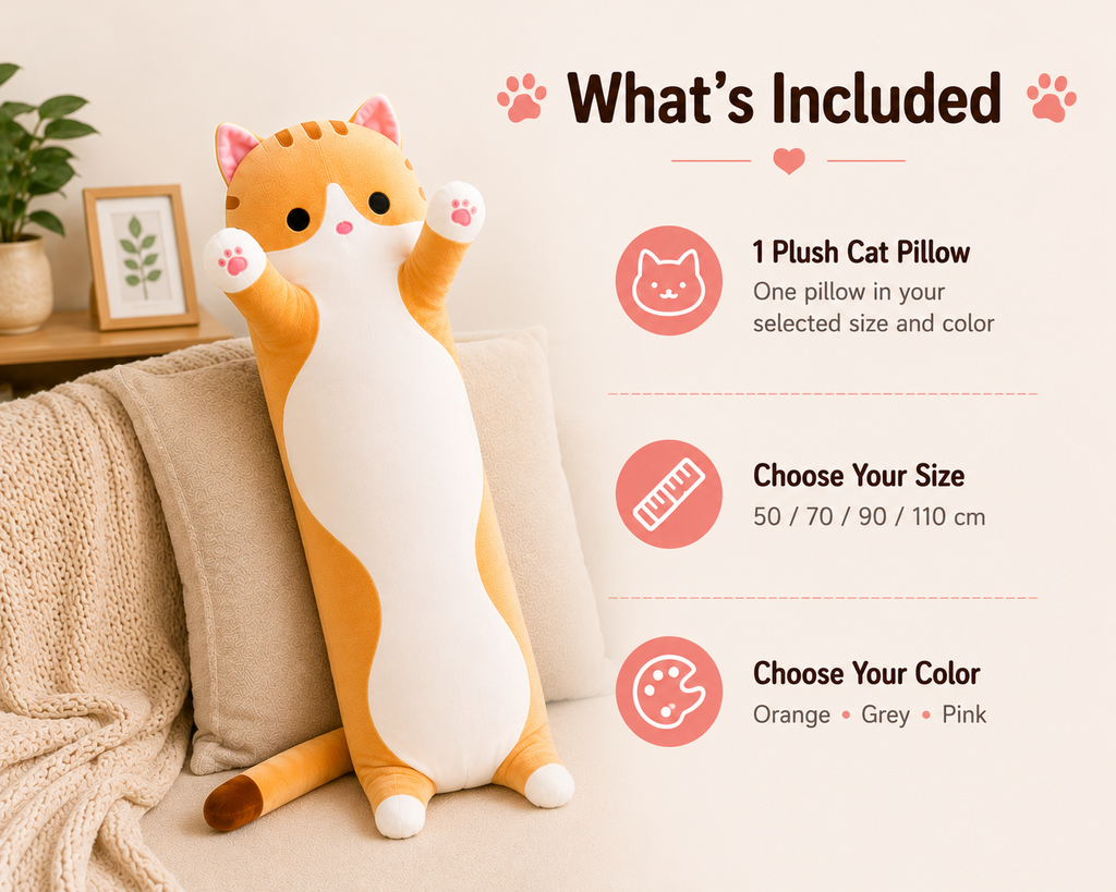 Long cat body pillow package includes one selected pillow size and color