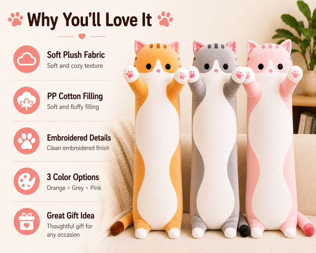 Long cat body pillow features and three color options