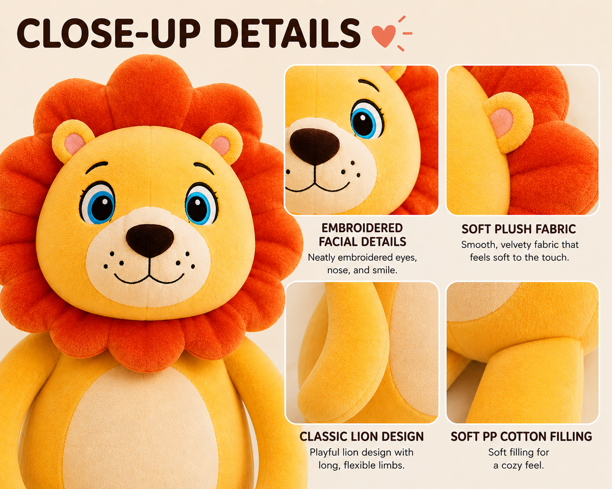 Long leg lion plush close-up details