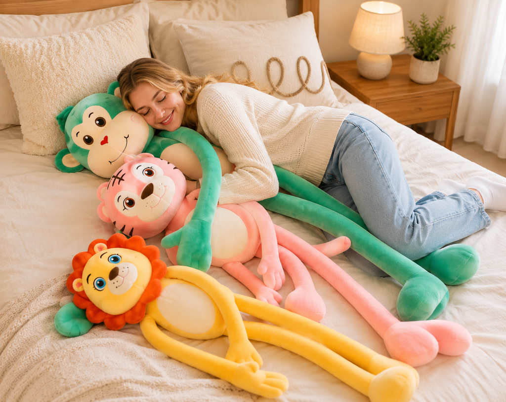 Lion tiger monkey plush cozy bedroom lifestyle