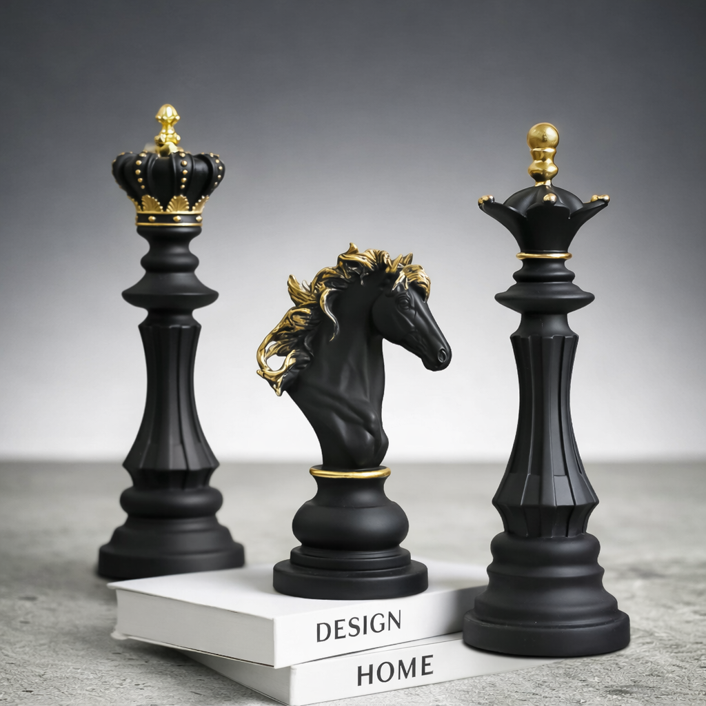 Black luxury chess piece decor set with king queen and knight