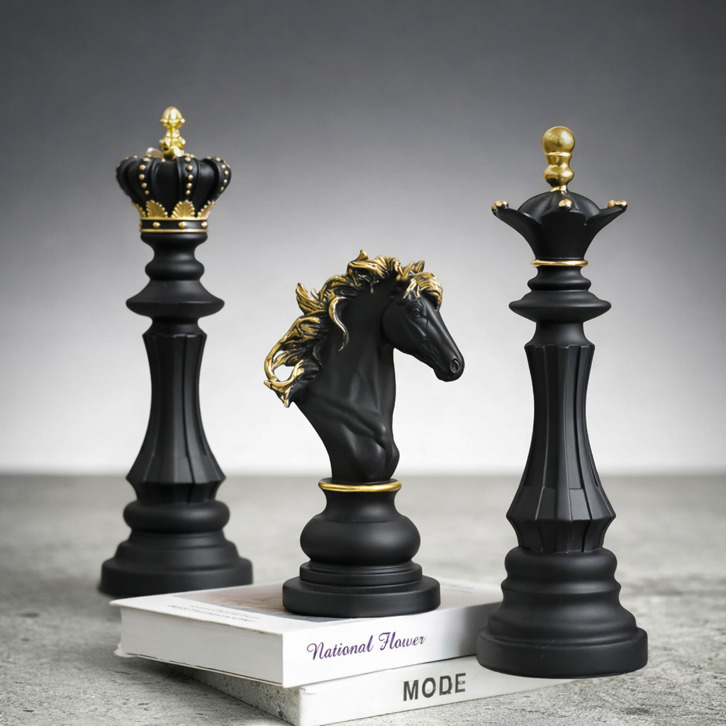 Black resin chess sculpture set with gold accents