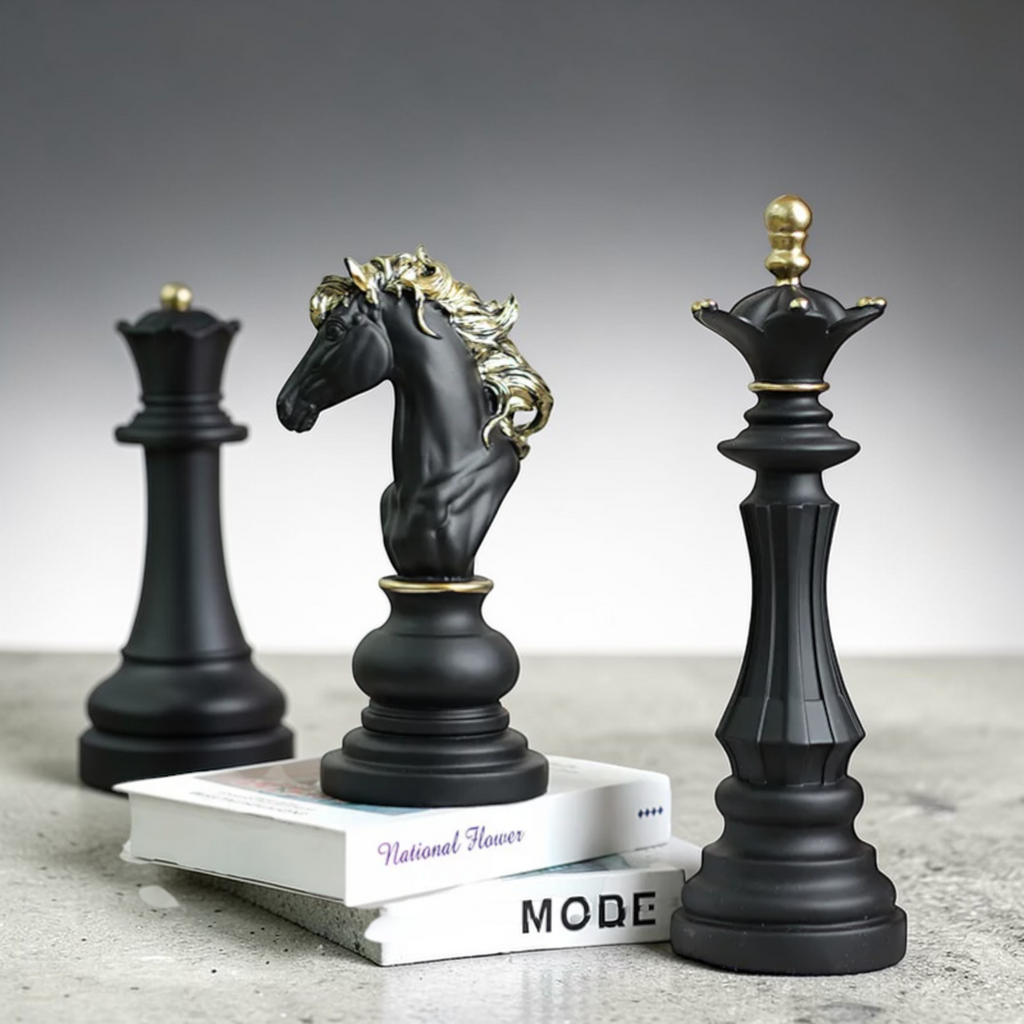 Black chess decor king queen and knight on neutral background