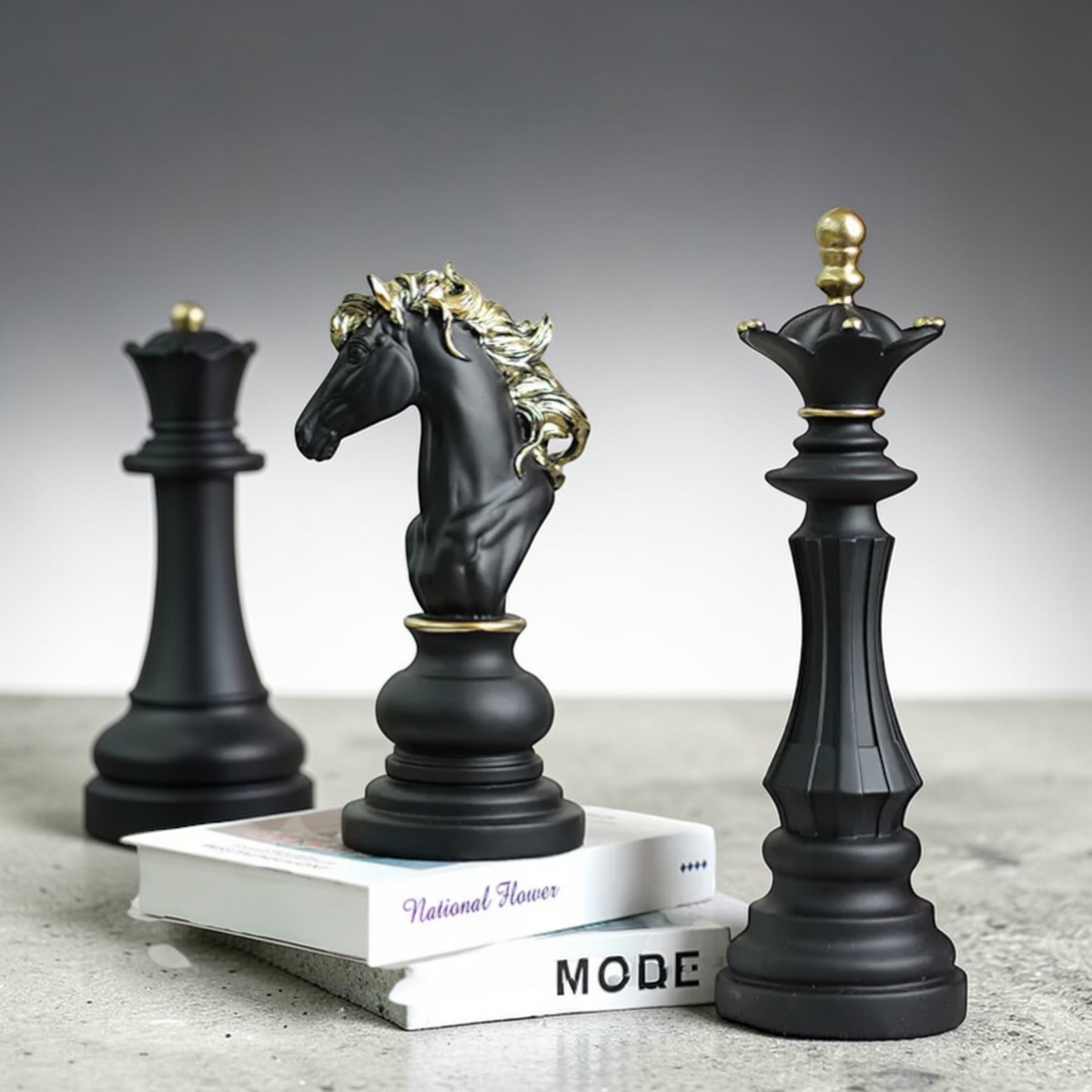 Black chess decor king queen and knight on neutral background