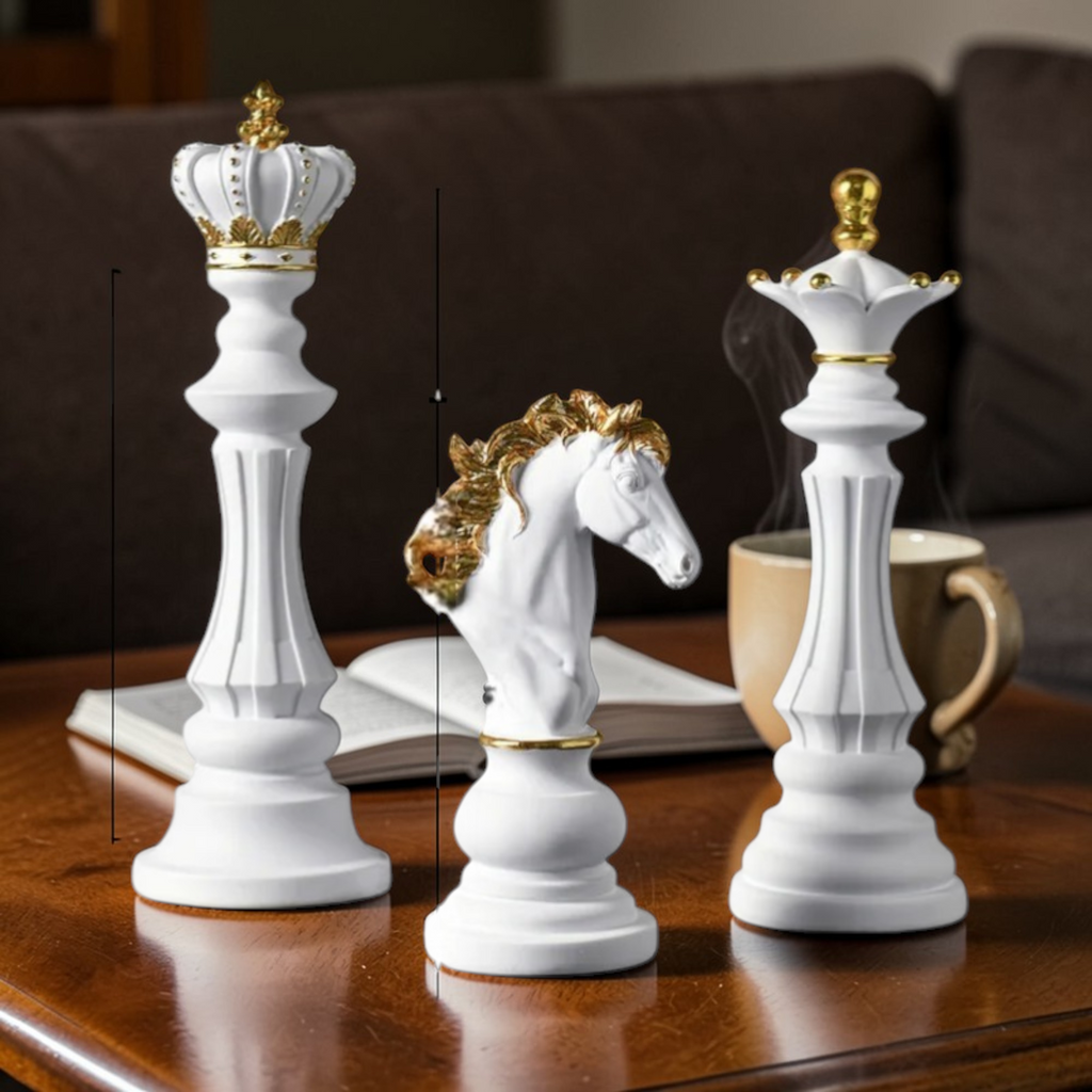 White king queen and knight chess decor with gold accents
