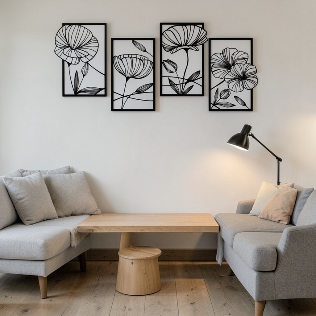 Black minimalist metal flower wall art set in modern living room