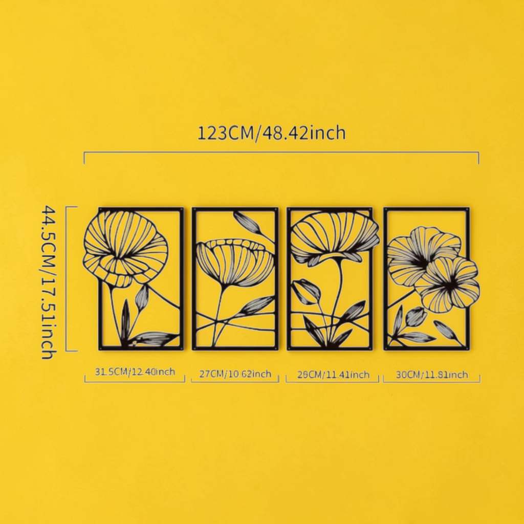 Metal flower wall art set size reference with four floral panels