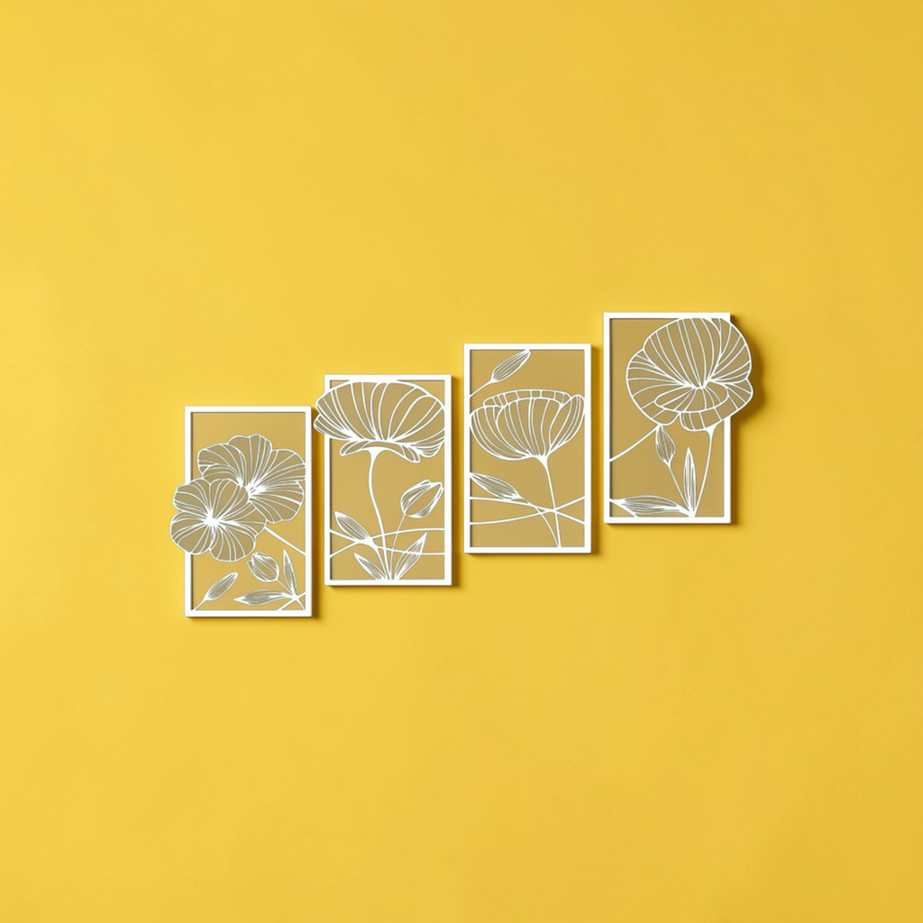 White metal flower wall art set of four minimalist floral panels