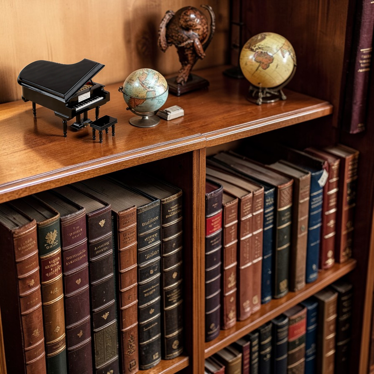 Black miniature grand piano displayed on a bookshelf