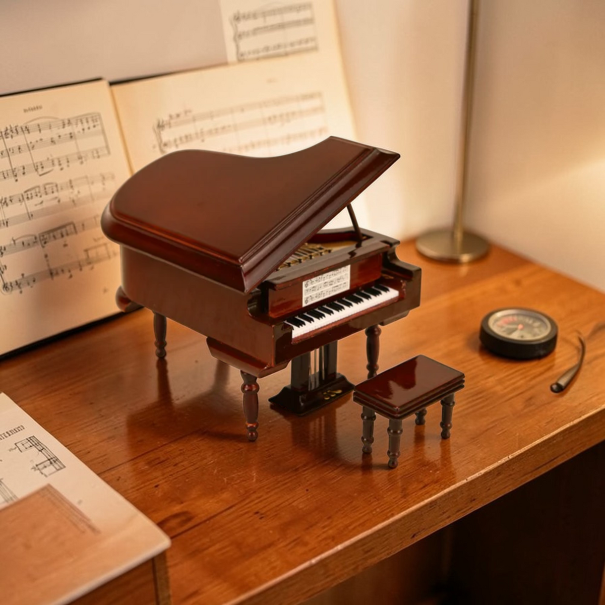 Brown miniature grand piano displayed on a desk