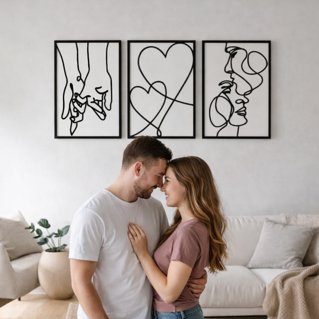 Couple standing beneath minimalist metal wall art set of 3