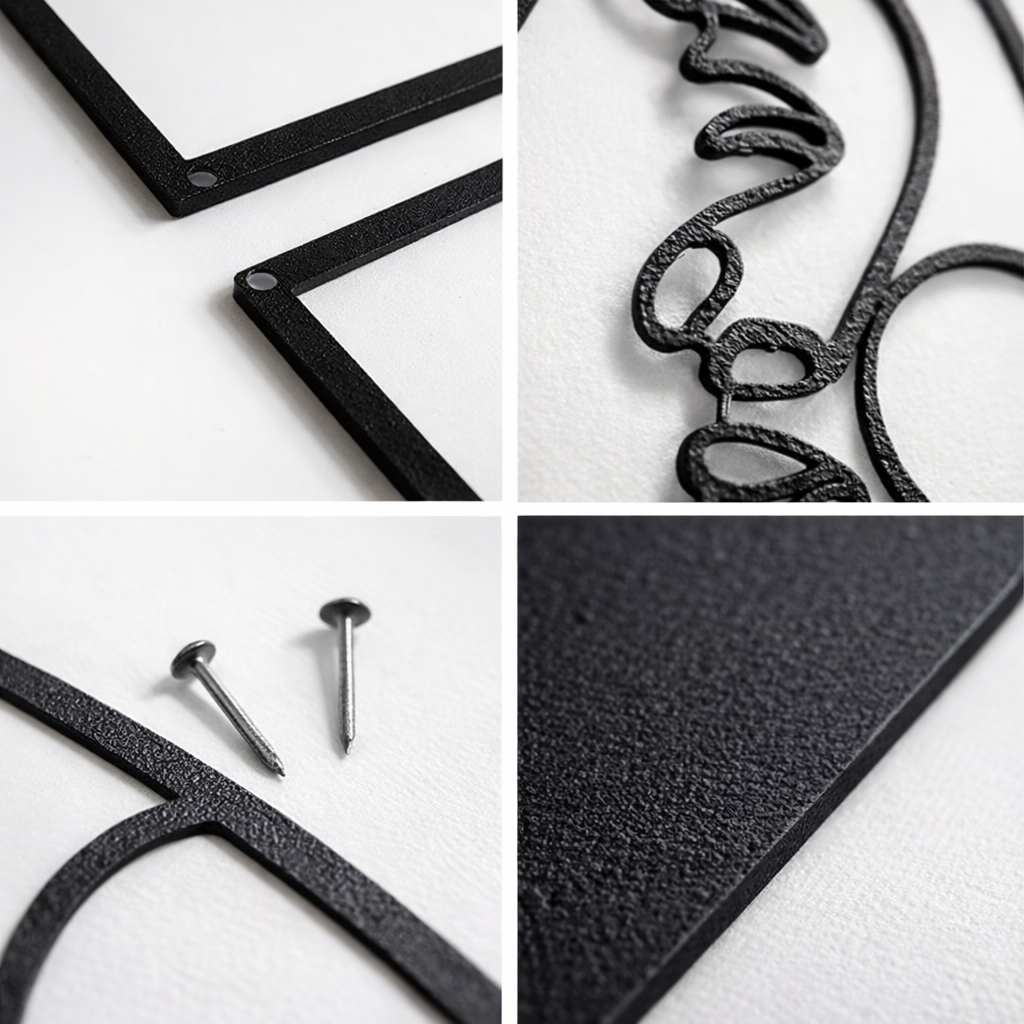 Close-up details of black metal wall art construction and hanging holes