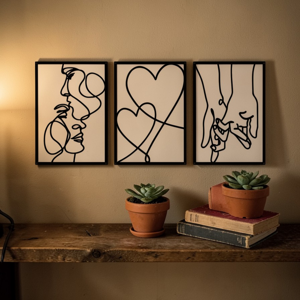 Set of 3 minimalist black metal wall art panels in warm rustic interior