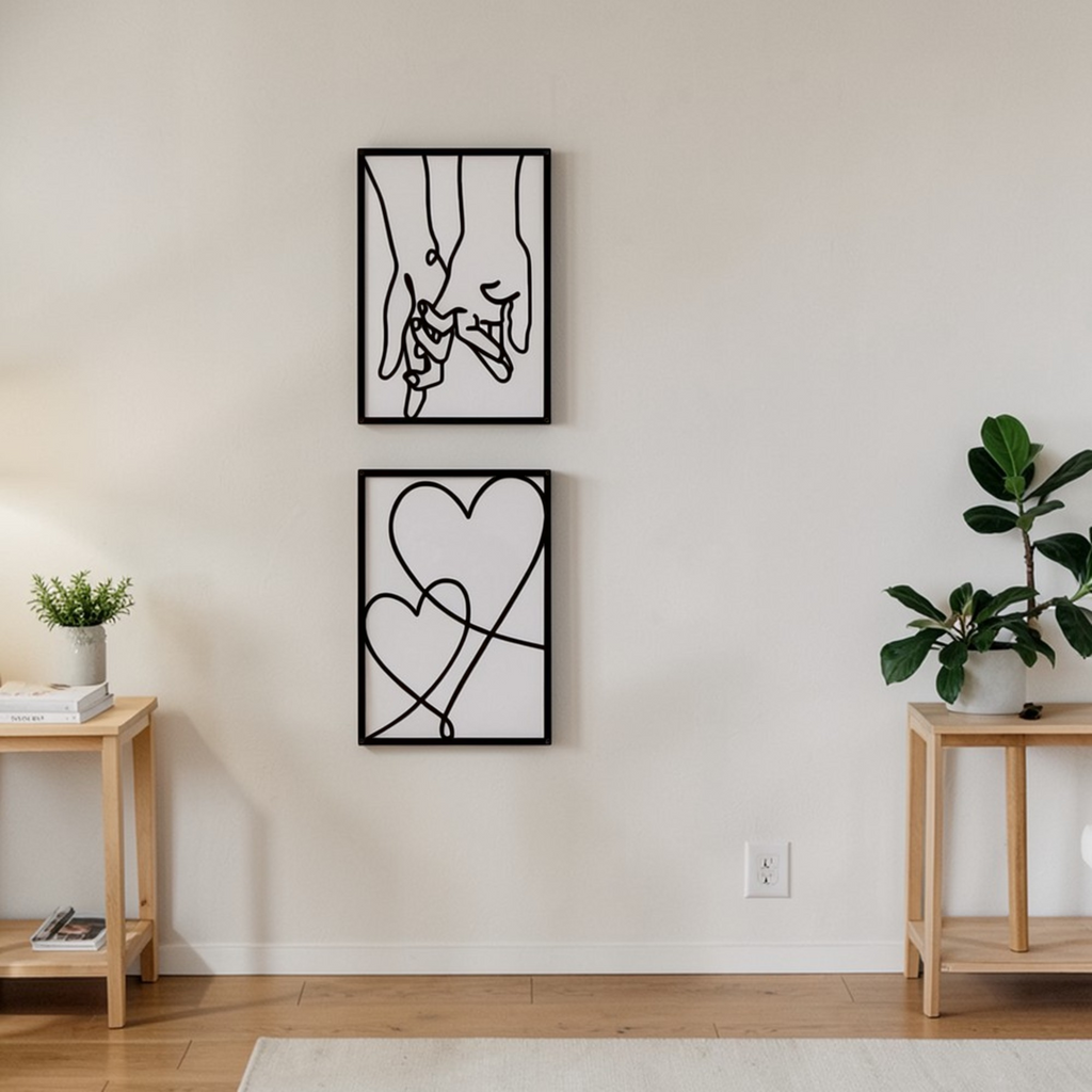 Minimalist black metal wall art panels displayed vertically