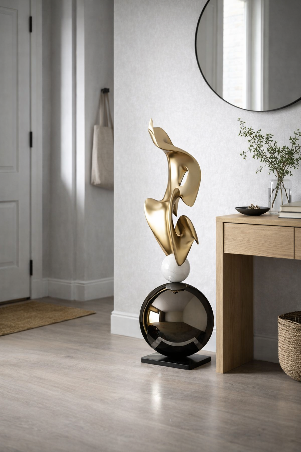 Gold abstract floor sculpture styled in a modern entryway