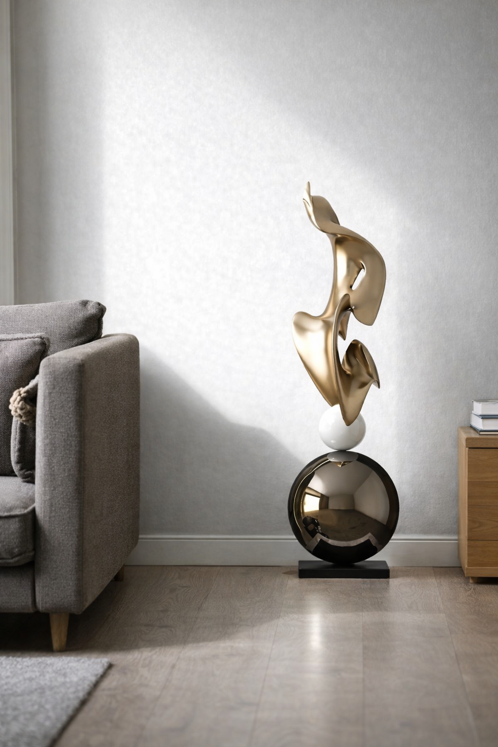 Gold abstract floor sculpture styled in a modern living room