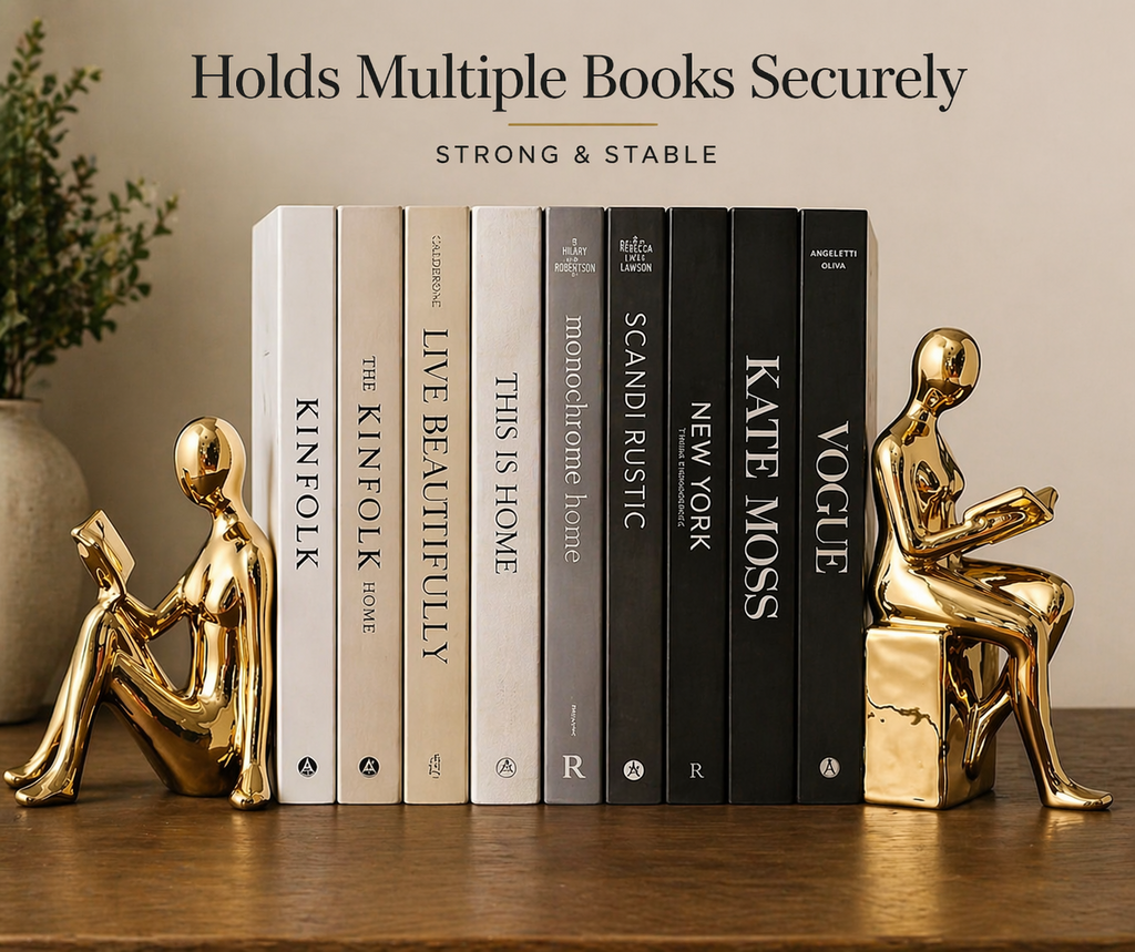 Gold reading figure bookends holding books on a shelf