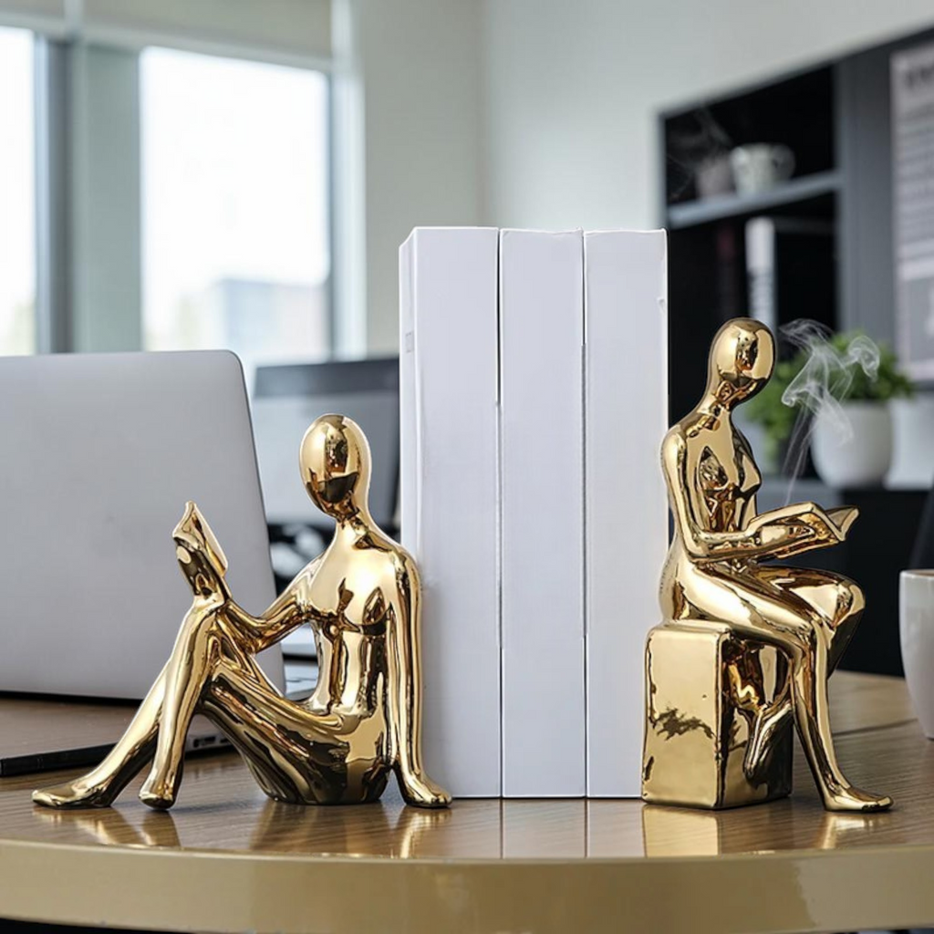 Gold minimalist reading figure bookends on a desk