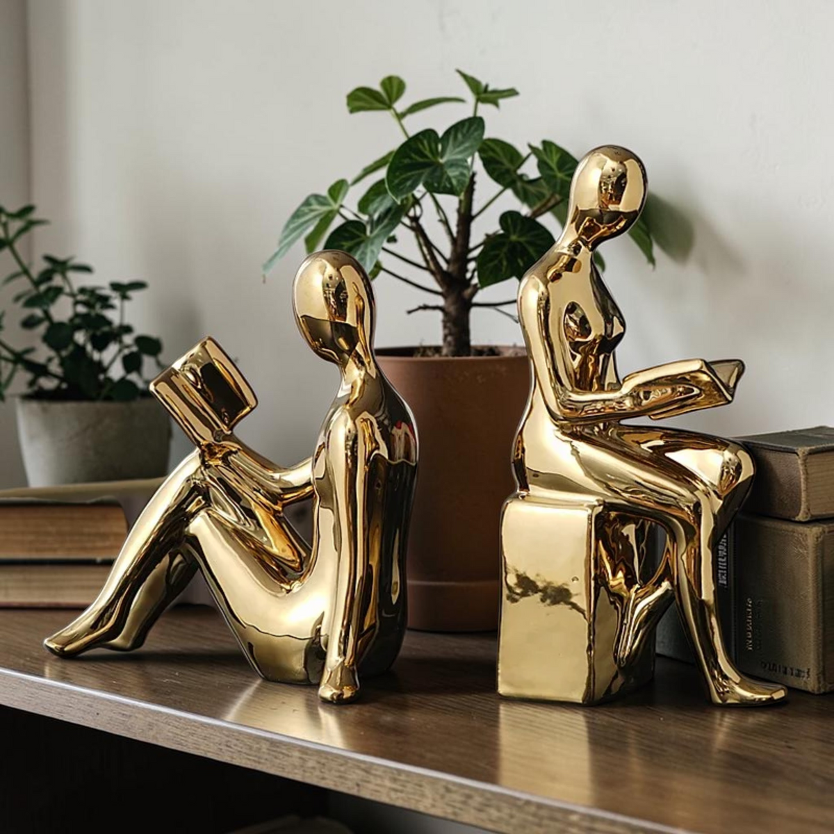 Gold reading figure bookends styled in a home office