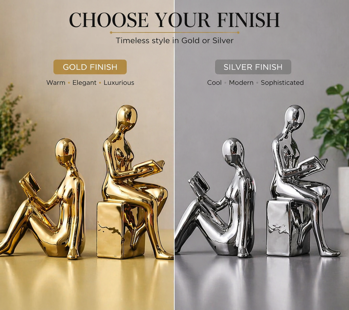 Modern reading figure bookends in gold and silver finishes