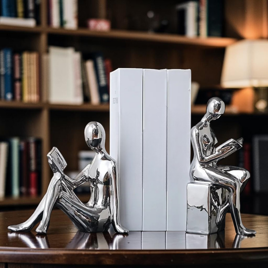 Silver minimalist reading figure bookends in a library setting