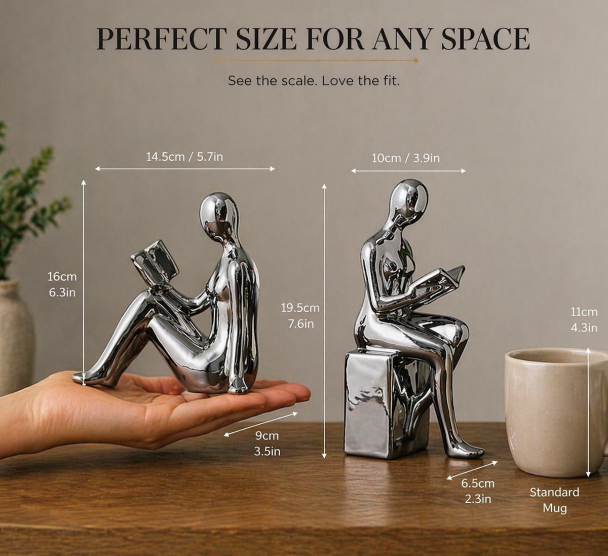 Modern reading figure bookends size reference in centimeters and inches