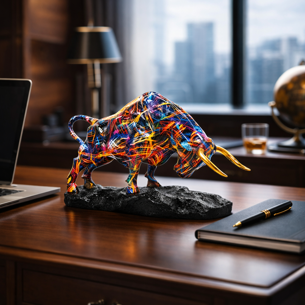 Color Fusion bull sculpture displayed on an office desk