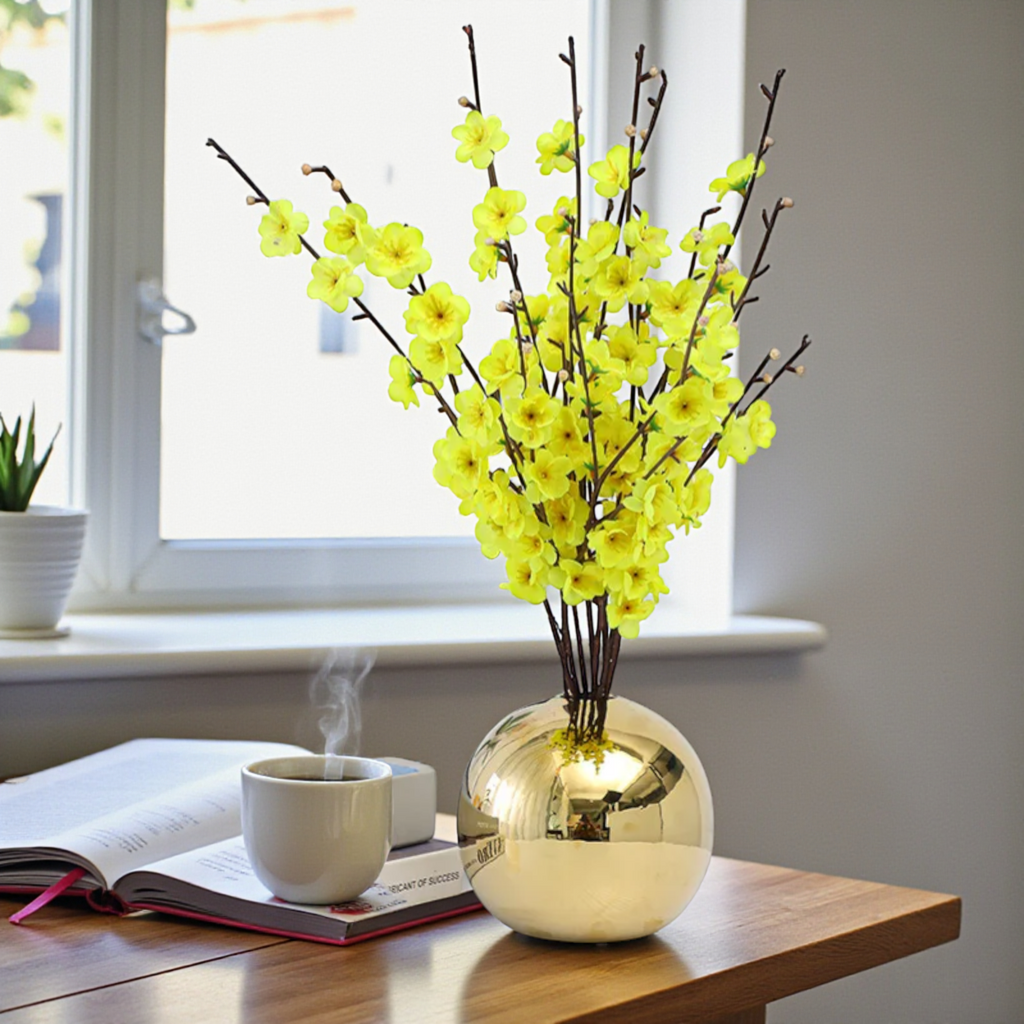 Modern gold sphere vase with yellow blossoms on table