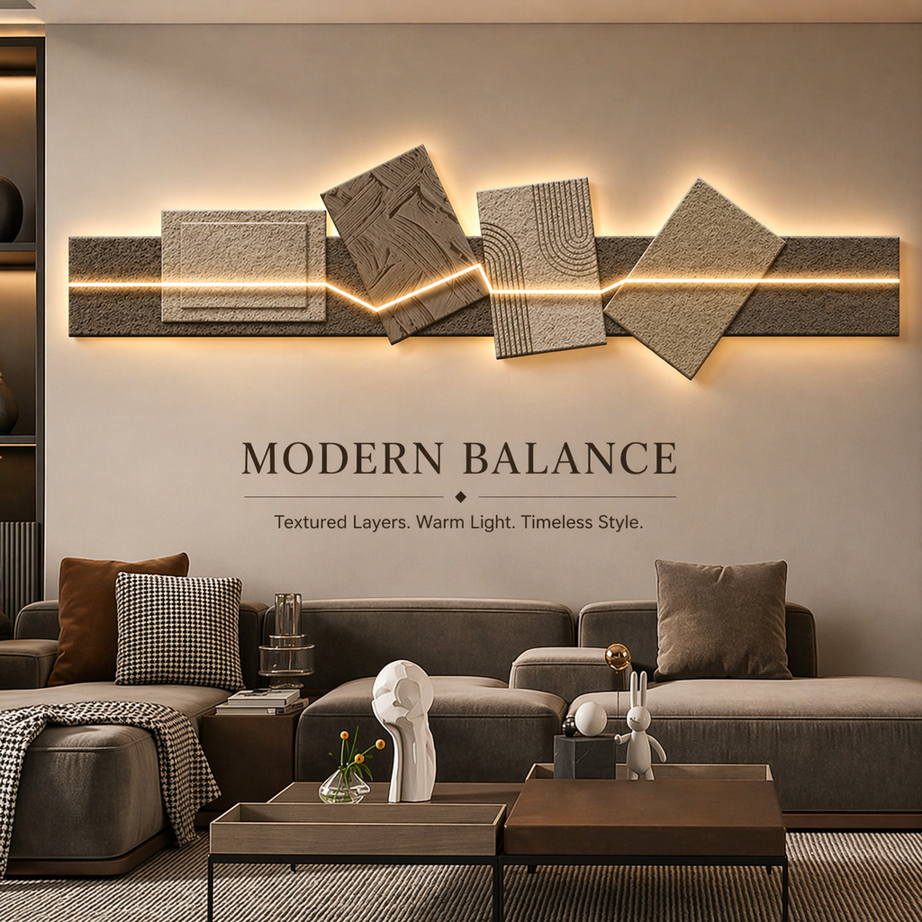 Modern geometric LED wall art light above a living room sofa