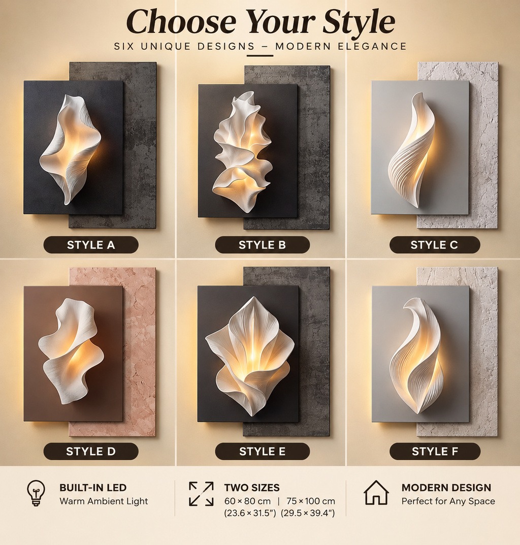 Modern LED wall art lamp six style selection guide A B C D E F