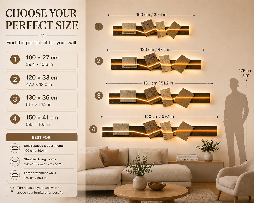 Modern LED wall art light size guide with four dimensions