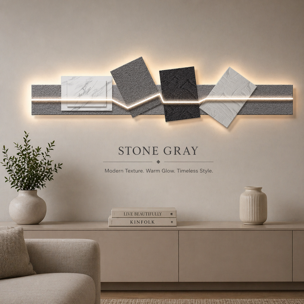 Stone Gray LED wall art light with textured geometric panels
