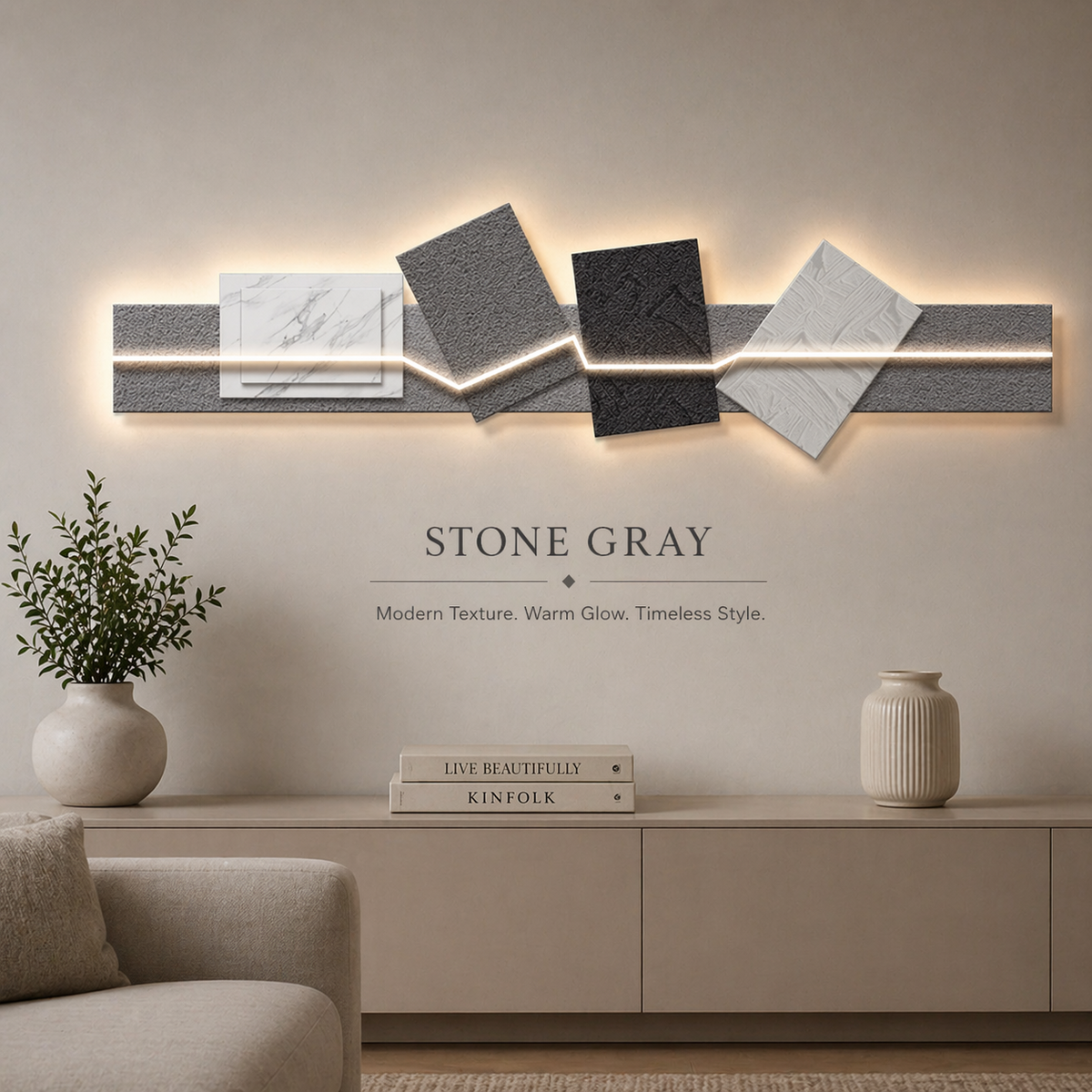 Stone Gray LED wall art light with textured geometric panels