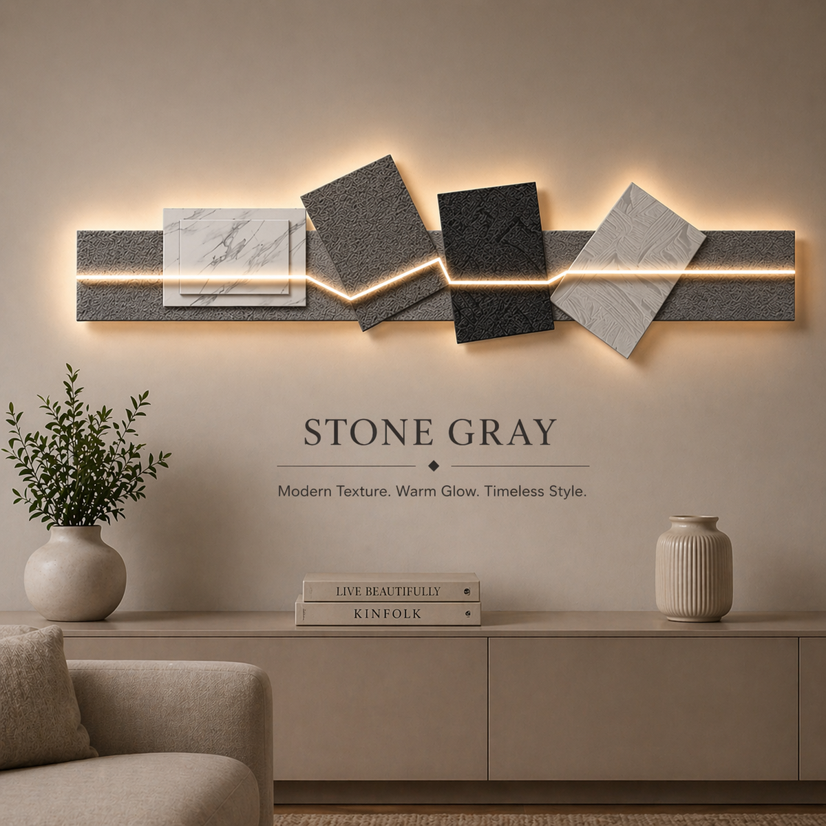 Stone Gray geometric LED wall art light in a neutral interior