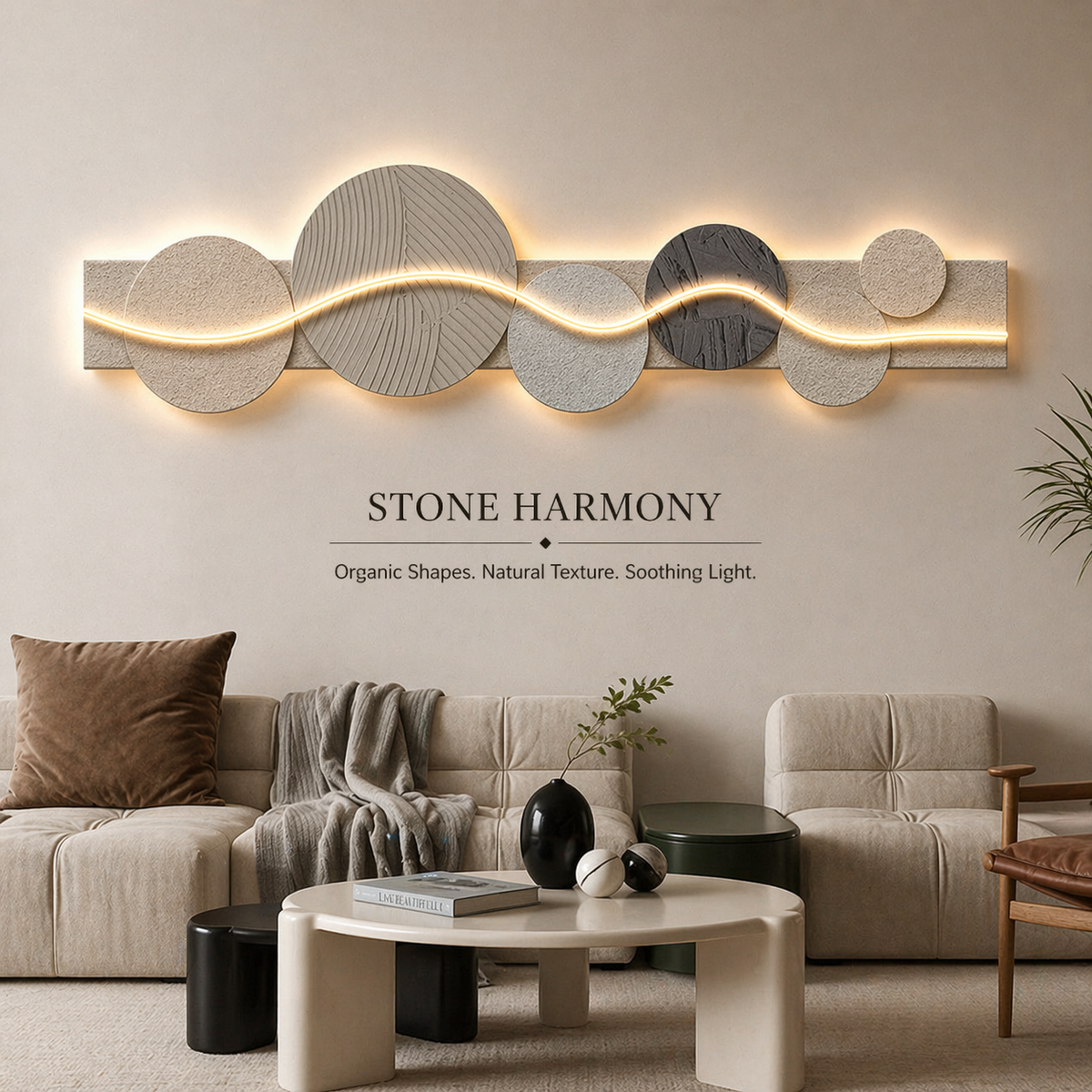 Stone Harmony geometric LED wall art light in a modern living room